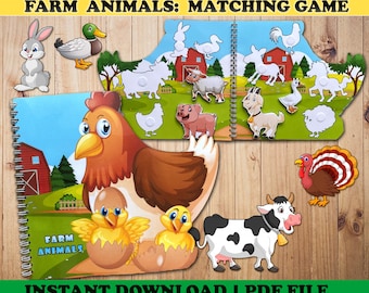 Könnte beinhalten: Ein Kinderspiel mit dem Titel "FARM ANIMALS: MATCHING GAME". Das Spiel zeigt farbenfrohe Illustrationen von Bauernhoftieren, darunter ein Kaninchen, eine Ente, ein Huhn, ein Schwein, eine Kuh und ein Truthahn. Das Spiel ist eine PDF-Datei.