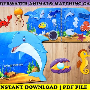 Underwater Animal Busy Book Printable, under the sea animals ocean matching game, toddler learning binder, kindergarten, preschool printable