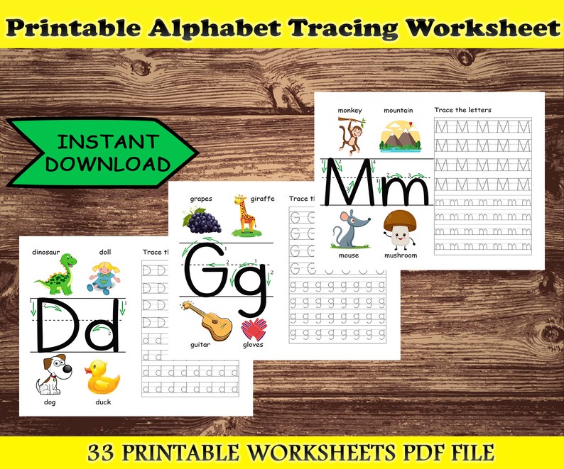 May include: A printable alphabet tracing worksheet with the text "Printable Alphabet Tracing Worksheet" and "INSTANT DOWNLOAD". The worksheet includes tracing letters, with illustrations of a monkey, mountain, grapes, giraffe, dinosaur, doll, dog, and duck.