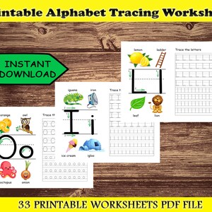 May include: A printable alphabet tracing worksheet with the text "Printable Alphabet Tracing Worksheet" at the top. The worksheet includes tracing letters, and illustrations of objects like an orange, owl, iguana, and ice cream. The words "INSTANT DOWNLOAD" are in a green arrow.