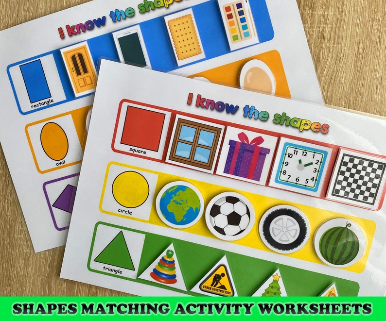 May include: Two educational worksheets with the text "I know the shapes." One worksheet features shapes like rectangle, oval, and triangle. The other shows square, circle, and images of a globe, clock, and watermelon. The bottom text reads "SHAPES MATCHING ACTIVITY WORKSHEETS."