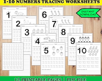 1-10 Number tracing  preschool worksheet printable, handwriting practice, kindergarten worksheets, learning numbers