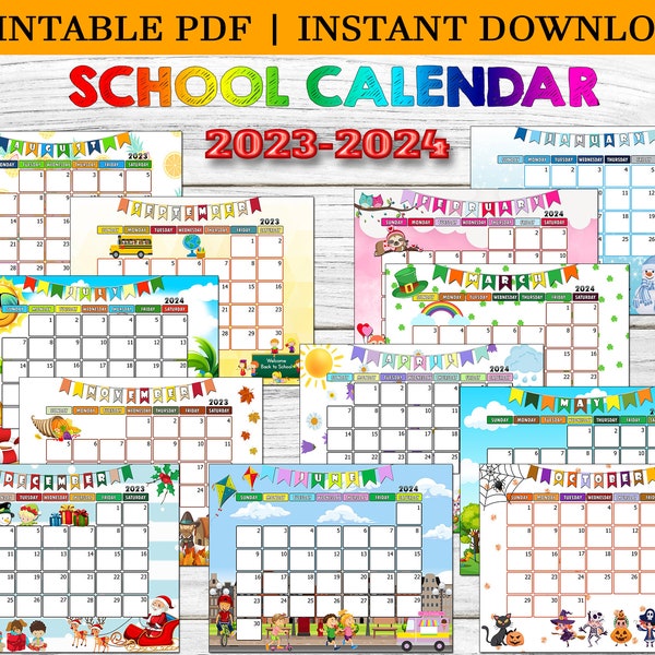 2023-2024 School Calendar printable, Monthly Calendar 2023, 2024 calendar, Printable Kids Calendar, Cute Planner Printable, kids planner