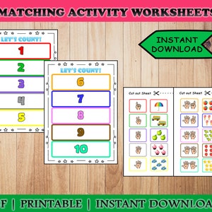 May include: Educational printable worksheets for matching activities. The worksheets feature the text "LET'S COUNT!" with numbers 1-10 in colorful boxes. Includes cut-out sheets with matching images. The words "INSTANT DOWNLOAD" are also visible.
