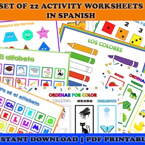 Conjunto de hojas de trabajo imprimibles de libros ocupados en español, actividades de combinación, carpeta de aprendizaje para niños pequeños, números del alfabeto abc, formas, colores preescolares