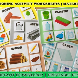 Peut inclure: Feuilles de travail éducatives d'activités d'association présentant des matériaux tels que le caoutchouc, le métal, le bois, le plastique et le verre. Chaque matériau est représenté par un mot et une image. Le texte "MATCHING ACTIVITY WORKSHEETS | MATERIALS" et "INSTANT DOWNLOAD | PRINTABLE PDF" sont visibles.