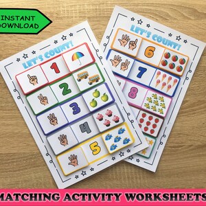 May include: Two educational worksheets with the text "LET'S COUNT!" feature numbers 1-8 with corresponding images of objects. The worksheets are designed for a matching activity and are labeled "MATCHING ACTIVITY WORKSHEETS". A green arrow indicates "INSTANT DOWNLOAD".