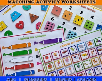 Busy Book Printable Worksheets Set, matching activities, toddler learning binder, abc alphabet numbers shapes colors kindergarten preschool