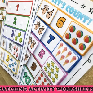 May include: Educational matching activity worksheets with numbers 1-10, featuring colorful illustrations of apples, ice cream cones, and beach balls. The worksheets include the text "LET'S COUNT!" and "MATCHING ACTIVITY WORKSHEETS".