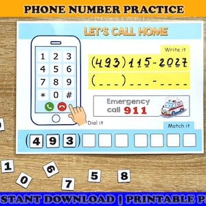Phone Number Kids Activity, Phone Number Practice, About Me Learning Tool, Printable Game, Preschool, Kindergarten Worksheet, Homeschool