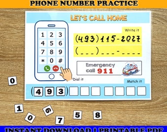 May include: Educational printable featuring a phone keypad, number matching, and phone number practice. Includes the text "PHONE NUMBER PRACTICE", "LET'S CALL HOME", and "Emergency call 911". The image also includes the text "INSTANT DOWNLOAD | PRINTABLE PDF".