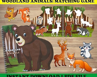 May include: A matching game featuring woodland animals. The cover of the game shows a brown bear, with the title "WOODLAND ANIMALS" on the cover. The game includes illustrations of an owl, squirrel, hedgehog, deer, fox, and raccoon. The text "INSTANT DOWNLOAD | PDF FILE" is at the bottom.