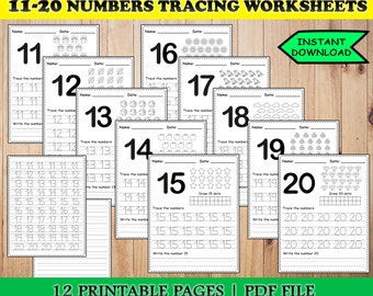 Number tracing  preschool worksheet printable, 11-20  handwriting practice, kindergarten worksheets, learning numbers