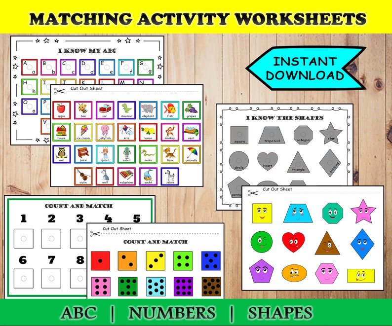 K&ouml;nnte beinhalten: Bildung Arbeitsbl&auml;tter f&uuml;r Kinder, mit Aktivit&auml;ten zum Erlernen des Alphabets, der Zahlen und der Formen. Der Text "MATCHING ACTIVITY WORKSHEETS" und "INSTANT DOWNLOAD" ist sichtbar.