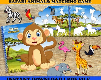 May include: A children's safari-themed matching game with colorful animal illustrations. The game includes a spiral-bound book with the title "Safari Animals" and various animal cutouts, such as a zebra, parrot, monkey, and giraffe. The text "Instant Download | PDF File" is also visible.