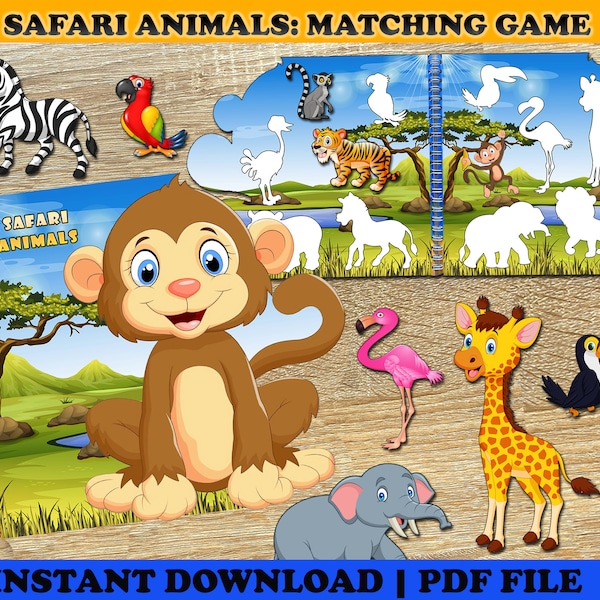 Safari Animals Busy Book Printable, African animals, matching game, toddler learning binder, kindergarten, preschool printable