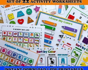 Busy Book Printable Worksheets Set, matching activities, toddler learning binder, abc alphabet numbers shapes colors preschool