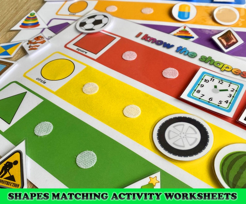 May include: Educational shapes matching activity worksheets. The worksheets feature colorful strips with shapes like circles, squares, and triangles. Each shape has a corresponding sticker. The text "I know the shapes" is visible.
