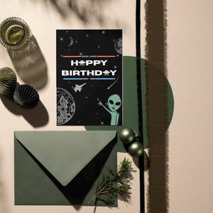 Tarjeta de cumpleaños con temática extraterrestre de Star Wars, para adultos, niños, hombres, tíos, papás, sables de luz, OVNI, 6 x 4 pulgadas, personalizada con sobre