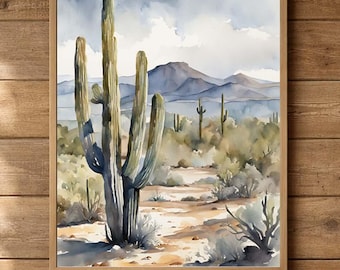 Neutral Watercolor Print Arizona Desert Landscape Painting Saguaro Desert Vertical Wall Art Poster
