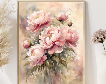 Pink Peonies Watercolor Painting, Peony Floral Poster, Flower Art Print Artwork Botanical Wall Art