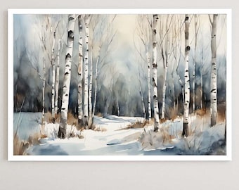 Winter Birch Trees Watercolor Print Forest Painting, Nature Art Print, Birches Forest Landscape, Neutral Wall Art
