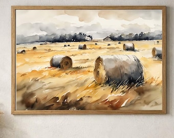 Country Field Haystack Painting, Rustic Watercolor Landscape Print, Autumn Countryside Farm Poster, Farmhouse Wall Decor