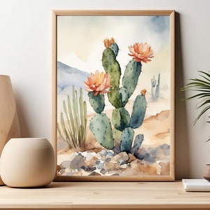 Desert Cactus Flowers Watercolor Art Print Floral Artwork Cacti Wall Art Orange Blooming Cactus PRINT from watercolor painting - Cactus #02