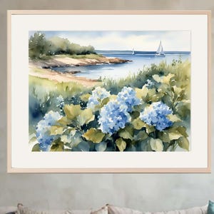 Cape Cod Coastal Print, Blue Hydrangea Massachusetts Watercolor Painting Art Print Sailboat Artwork, Floral Nautical Wall Art