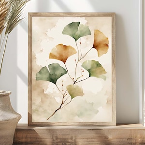 Ginkgo Leaves Print #2, Rust Sage Green Watercolor Abstract Botanical Painting Vertical Neutral Home Decor