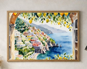 Amalfi Coast Poster Positano Italy Watercolor Painting Lemon Tree Artwork Italian Coastal Cityscape Seascape Wall Art