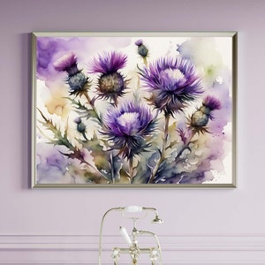 Thistle Painting Matte Horizontal Posters, Wildflower Watercolor Print, Floral Bouquet Large Wall Art Poster Scottish Wildflowers, Home