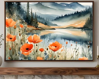 Pintura de acuarela de la Garganta del Columbia, paisaje de flores silvestres de montaña, impresión artística de bellas artes, bosque de pinos brumoso, amapola