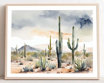 Neutral Watercolor Print Arizona Desert Landscape Painting Saguaro Desert Wall Art Poster