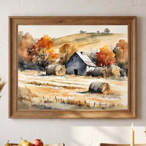 Farmhouse Rustic Watercolor Print, Haystack Autumn Landscape Painting, Countryside Wall Art Farm Wall Decor