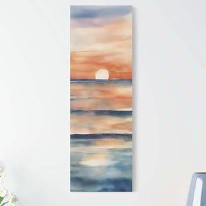 Impression d'art longue et étroite sur toile coucher de soleil sur l'océan, oeuvre d'art murale grande et fine orange, décoration verticale fine