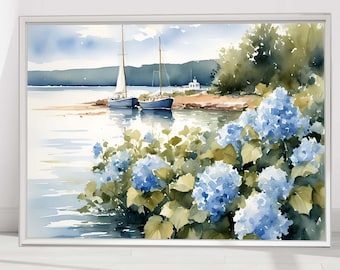Nantucket Coastal Print, Blue Hydrangea Cape Cod Watercolor Painting Art Print Sailboat Artwork, Floral Nautical Wall Art