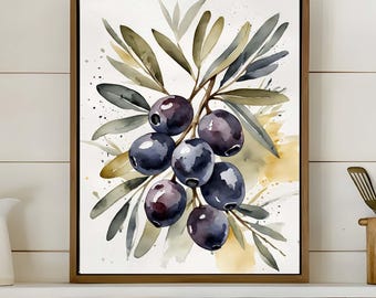 Black Olive Leaves Branch Watercolor Painting, Olive Tree Artwork Botanical Wall Art Farmhouse Wall Decor Kitchen PRINT