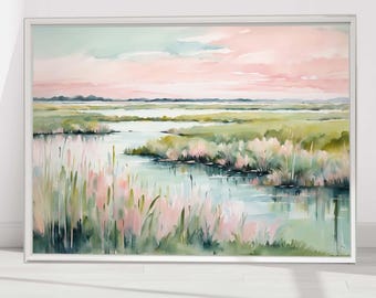 Pode incluir: Uma pintura de paisagem retangular emoldurada apresentando uma cena em aquarela de um pântano com gramíneas altas em tons de verde e rosa suave. A composição inclui um curso de água sinuoso que reflete o céu, pintado em tons de rosa pálido e azul.