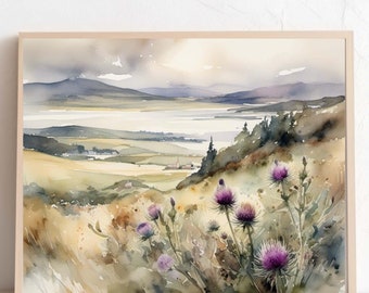 May include: A watercolor painting of a landscape with a lake and mountains in the distance. The foreground features a field of purple wildflowers.
