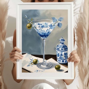 Martini Poster, Blue Chinoiserie Bar Cart Print, coastal grandmother aesthetic girly bar cart art drink, preppy posters cute #004