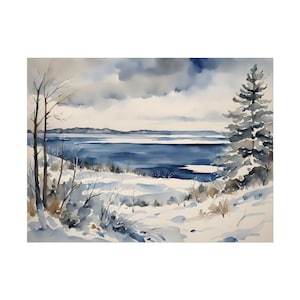 Lake Superior Watercolor Painting Snowy Winter Michigan Landscape Rock North Shoreline Poster Great Lakes Art Print