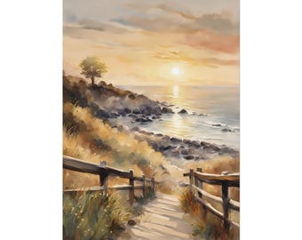 A Path Through Mohegan Bluffs, Rhode Island Landscape Print, Watercolor Painting, Coastal Summer Sunset Wall Art, Beach House Poster