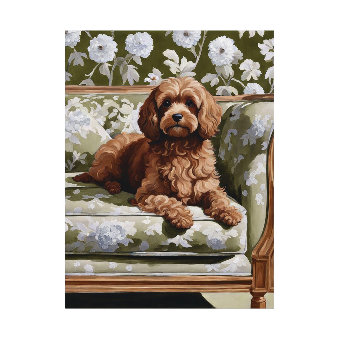 Cute Brown Cavapoo Art Print, Sage Green Floral Chinoiserie Wall Art ...
