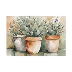 Puede incluir: Pintura a la acuarela de tres plantas en macetas. Las macetas son en tonos grises, marrones y blancos. Las plantas tienen hojas verdes y están dispuestas sobre un fondo verde y beige.