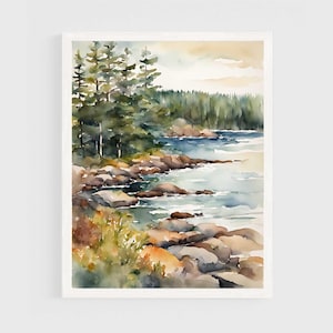 Impresión de pintura de Acadia Maine, paisaje de acuarela, cartel vertical de costa rocosa, impresión artística de bosque nacional de la costa atlántica