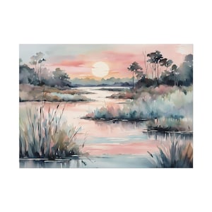 Marsh Landscape Pink Sunset Painting Print | Carolina Lowcountry Coastal Watercolor Painting Wall Art Print | Pastel Aesthetic Poster