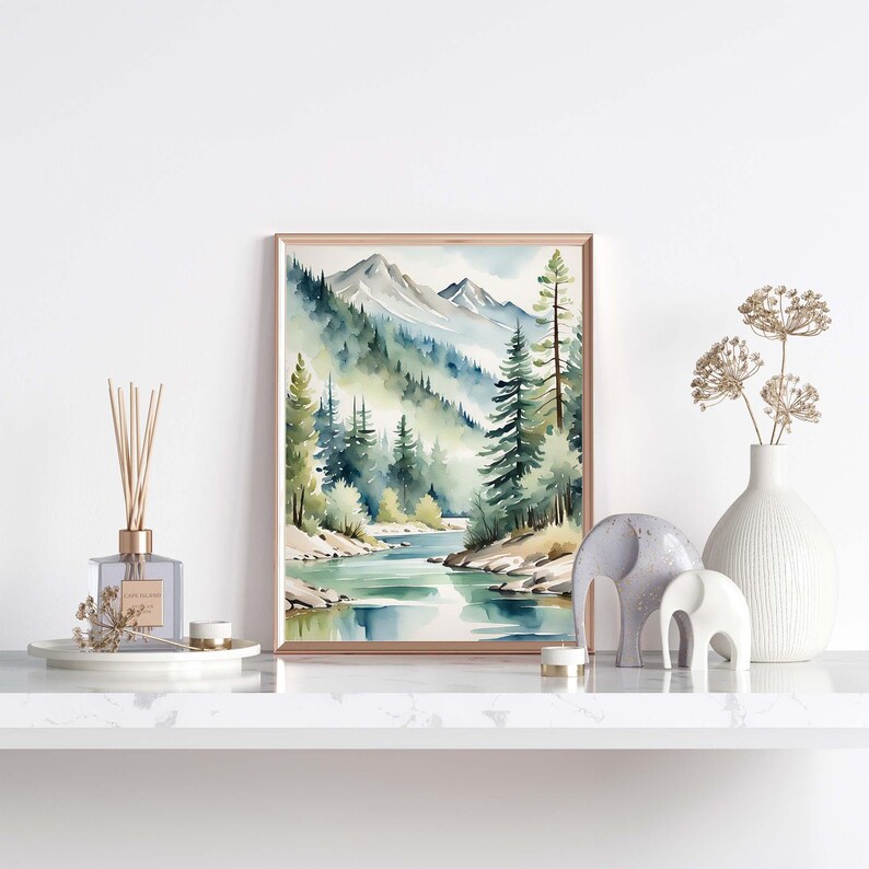 Idaho Painting Mountain River Landscape Watercolor Pine Tree Wall Art