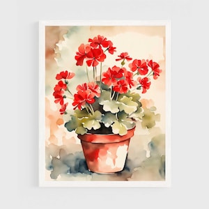 Red Geranium Watercolor Painting Floral Poster Art Print Flowers Artwork Flowers Wall Art
