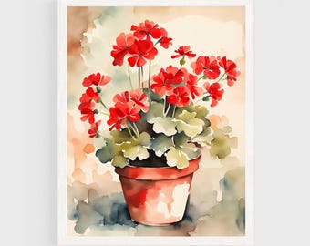 Red Geranium Watercolor Painting Floral Poster Art Print Flowers Artwork Flowers Wall Art